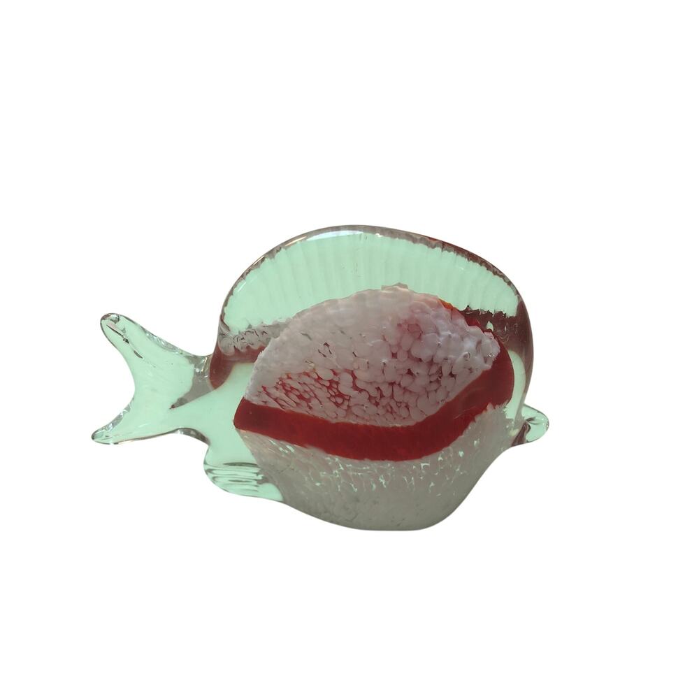 Fish Art Glass Paper weight, red, white and clear glass . 4 3/4x1 1/2